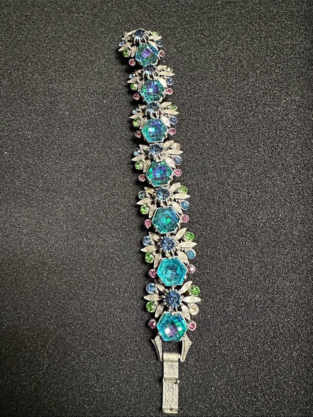 Vintage Signed FLORENZA Blue Aurora Borealis Rhinestone Link Bracelet (As-Is)